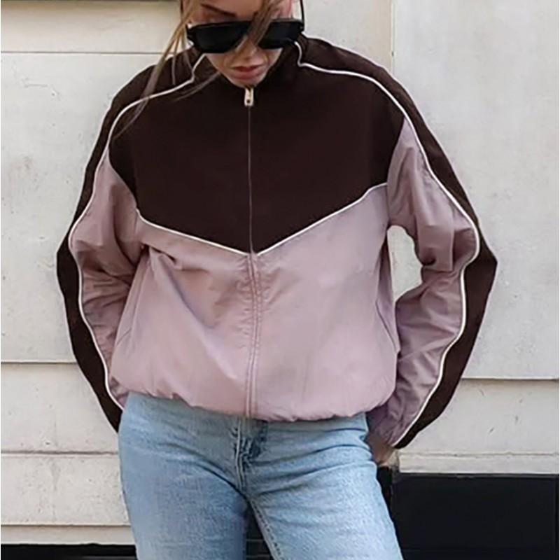 Womens Fall Thin Windproof High Neck Jacket Loose Fit Color Block Zip Bubble Sleeve Casual Coat
