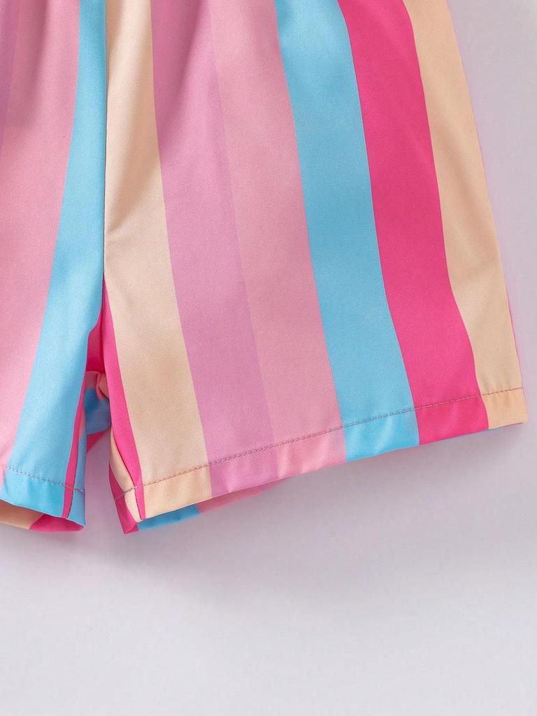 3-Piece Girls' Casual Set: Pink Leopard Romper, Colorful Striped Shorts, Bow, and Suspenders