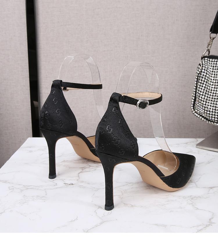 2024 Ladies Silk Champagne Shoes Ankle Strap Sandals Woman Narrow Band High Heels Stilletto Wedges Pumps OL Dress Party Sandalia