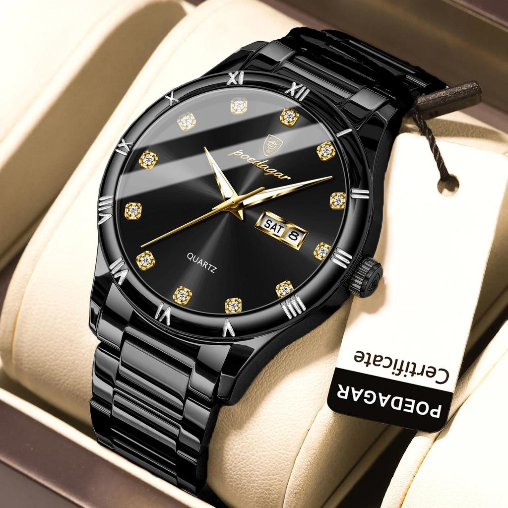 POEDAGAR Top Luxury Watch for Man Date Week Waterproof Luminous Wristwatch Quartz Stainless Steel Men's Watches Sports