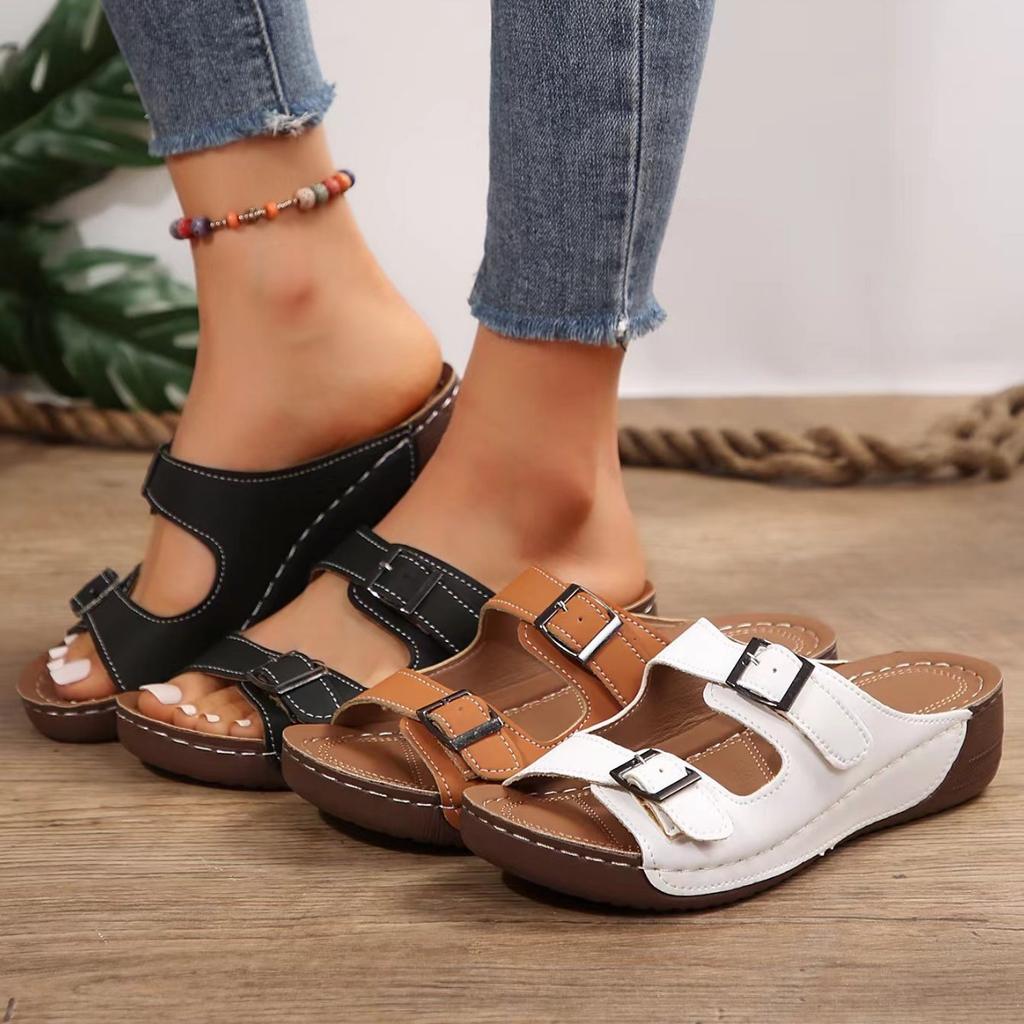 Sommer Damen Pantoletten mit Keilabsatz Dicke Sohle Hohle Einfarbig Damen Pantoletten Lässig und Leicht Große Damen Pantoletten
