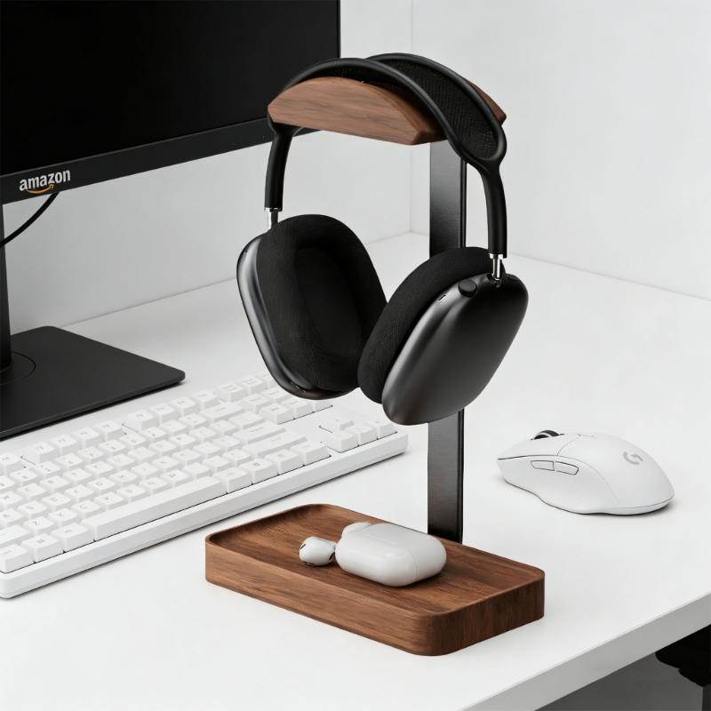Supporto premium in legno per cuffie con vassoio portaoggetti per dispositivi wireless e altre cuffie