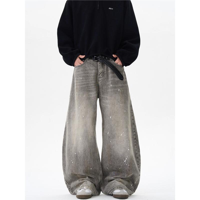 Design Sense Retro Washed Old Gray Ink Splashing Scimitar Jeans Men's and Women's Trendy Brand American Street Loose Pants