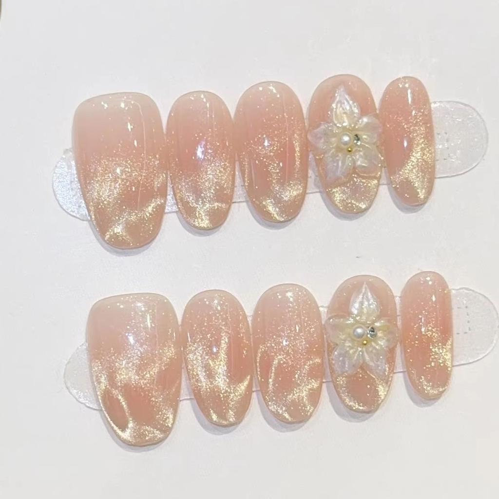 10Pcs Golden Beach Cat Eye Short Oval False Nails With Carved White Flowers Summer Artificial Manicure Patches For Women