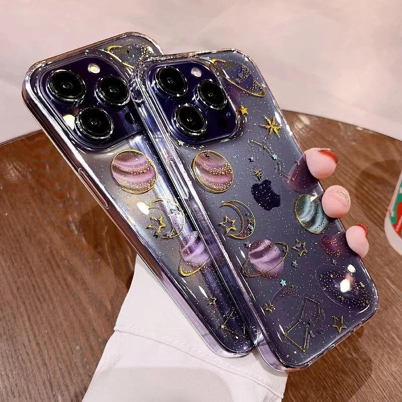 Luxus Planet Mond Sterne Glitzer Klar Handyhülle Für iPhone 16 Pro Max 15 14 13 12 11 X XR XS Plus Weiche Stoßfeste Bling Hülle