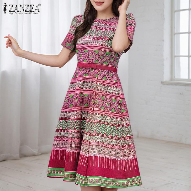 ZANZEA Damska codzienna sukienka z okrągłym dekoltem, letnia, z krótkim rękawem i nadrukiem