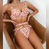 Women’s Summer Sexy Lingerie Set, Mesh Push-Up Spaghetti Strap Bra with Heart Bow, Metal Ring Garter Belt and Panty