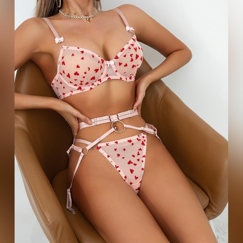 Women’s Summer Sexy Lingerie Set, Mesh Push-Up Spaghetti Strap Bra with Heart Bow, Metal Ring Garter Belt and Panty