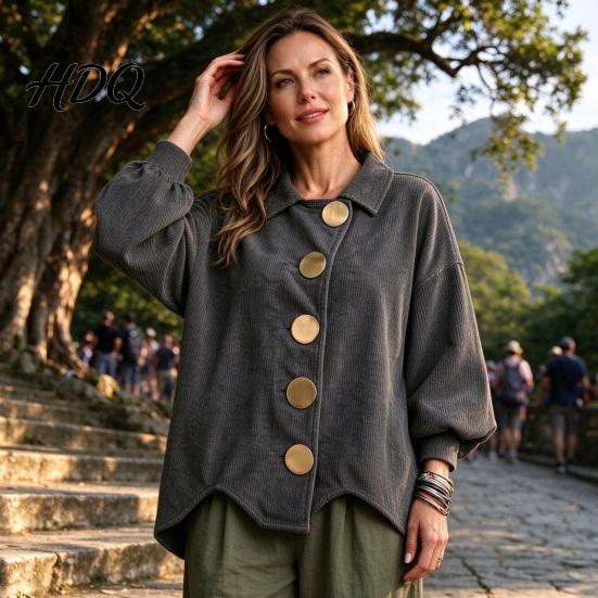 Laternenärmel Mantel Damen Cordjacke mit großen Metallknöpfen Lässig Damen für Herbst Winter Lockere Passform Oversized Kragen Oberbekleidung Knopfleiste