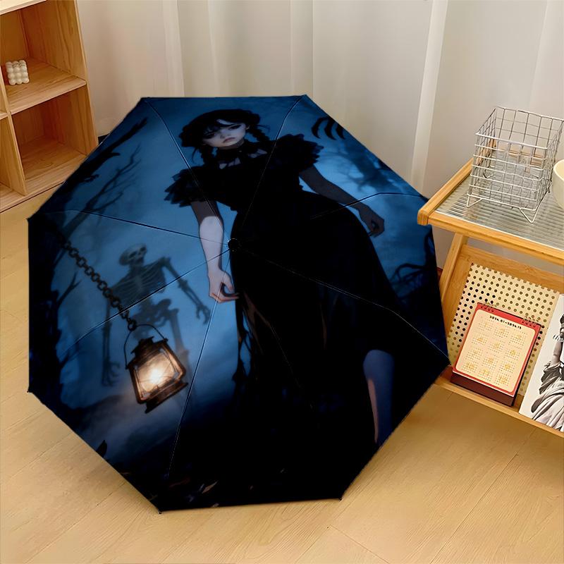 Wednesday Addams Winddichter Automatischer 8-Rippen-Faltregenschirm Tragbarer Outdoor-Sonnenschirm