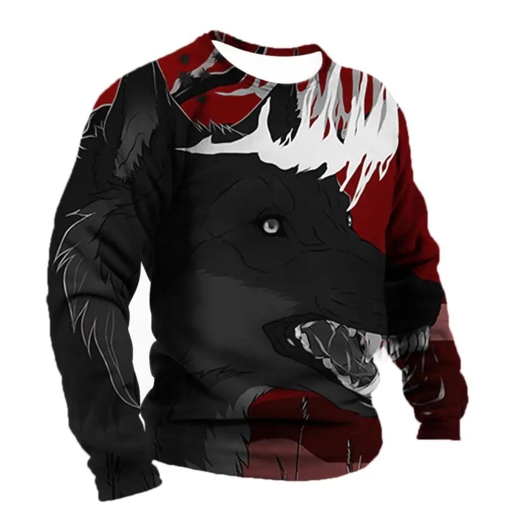 Men's Spring And Autumn Personality Retro Animal Wolf 3d Printed Round Neck Long Sleeve T-Shirt Casual Loose Breathable Jumper