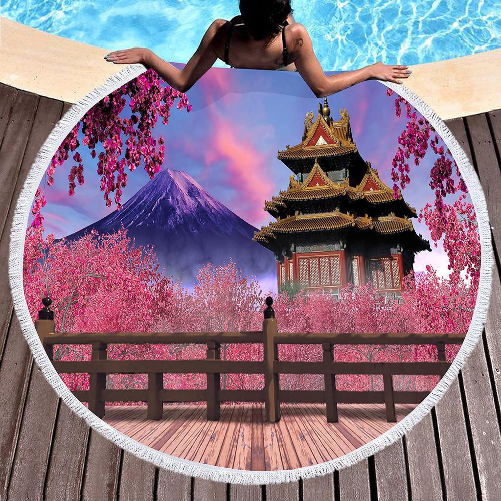 Japanese Mount Fuji Round Beach Towel,Snow Mountain Sand Free Lightweight Beach Blanket,Absorbent Quick Dry Pool Towel Yoga Mat