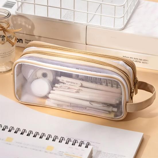 Transparent Mesh Pencil Case Large Capacity Double Layer Pen Bag for Students Lightweight Stationery Pouch for School Office Exams