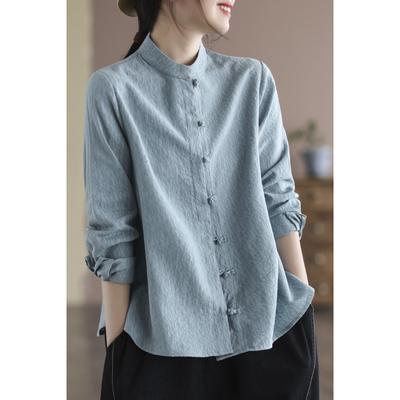 Cotton Linen Spring and Autumn Zen Women's Button-down Top Solid Color Long-sleeved Retro Literary Loose Age-reducing Shirt