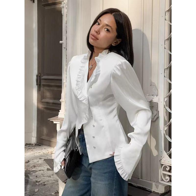 French style Palace Style Wooden Ear Satin Shirts Temperament Inner wear Lace Top Fashion Satin Shirt