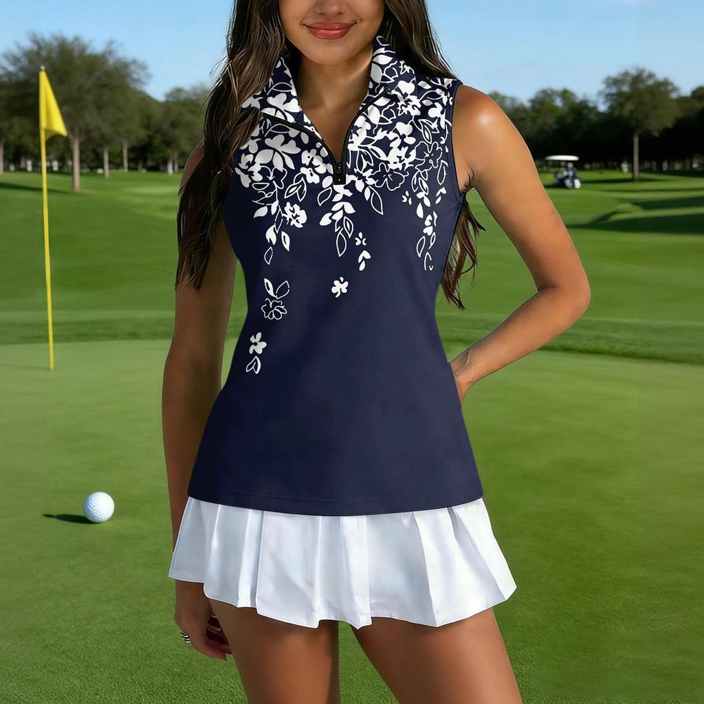 Womens Sleeveless Golf Shirt with Zipper Collar Printed Sports Tank Top Athletic Performance Pullover for Outdoor Activities