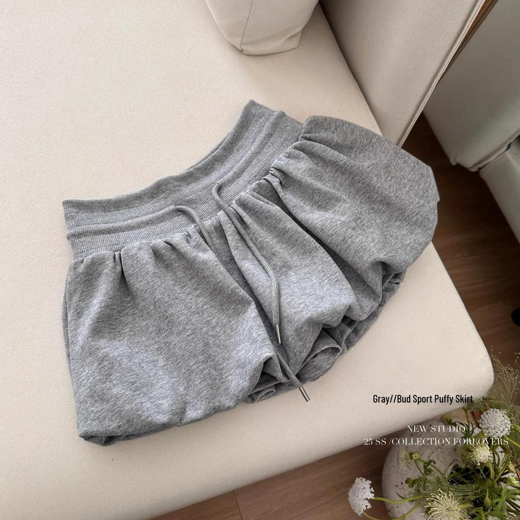 White Flower Bud A-line Skirt Pants for Women - Casual, Versatile, Elastic Mid-Waist, Puffy and Short for Summer