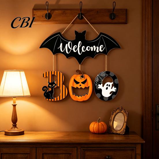 Retro Style Seasonal Decor Halloween BOO Door Sign, Wooden Ghost Evil Pumpkin Black Cat Hanging Welcome Festival Plaque Spooky Bat Hanger for