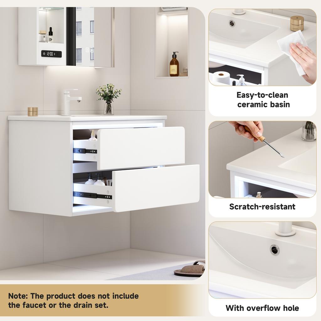 76x46x48,5cm Wandmontage Badkamerkast, Verfcoating, LED Radar Sensor Verlichting, Twee Lades, Uitschuifbare Rails, Wastafelmeubel, Geïntegreerde Wastafel, Wit