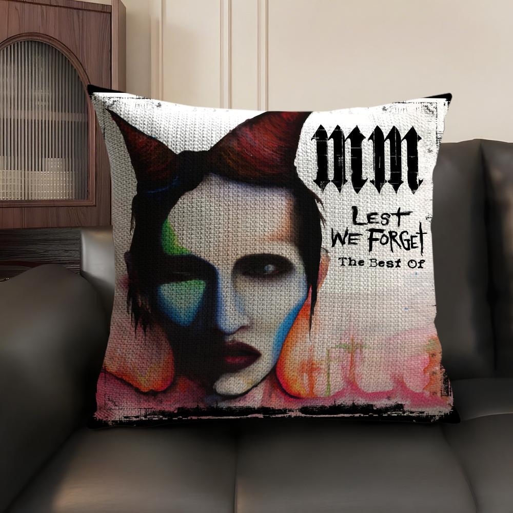 M-Marilyn Manson Rock Cushion Cover Natural Linen Organic Fabric Double-Sided Printing Sofa Home Decor Gift Pillow Case