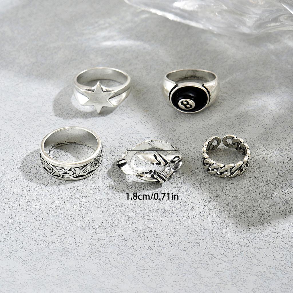 5Pcs/Set Gothic Punk Ring Set Silver Color Star 8-Ball Engraved Chain Open Stackable Rings For Men Women Streetwear Jewelry