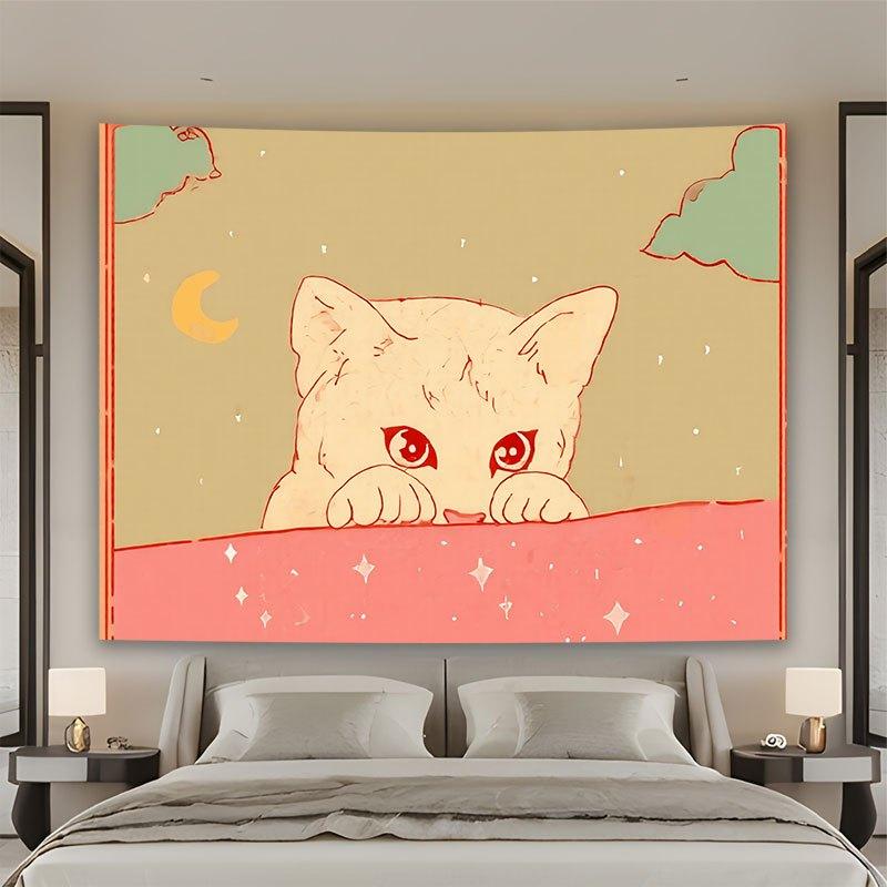 Cute Cat Tapestry Boho Wall Hanging Art Print for Bedroom Decor Minimalist Aesthetic Nursery Wall Tapestry 150x300cm