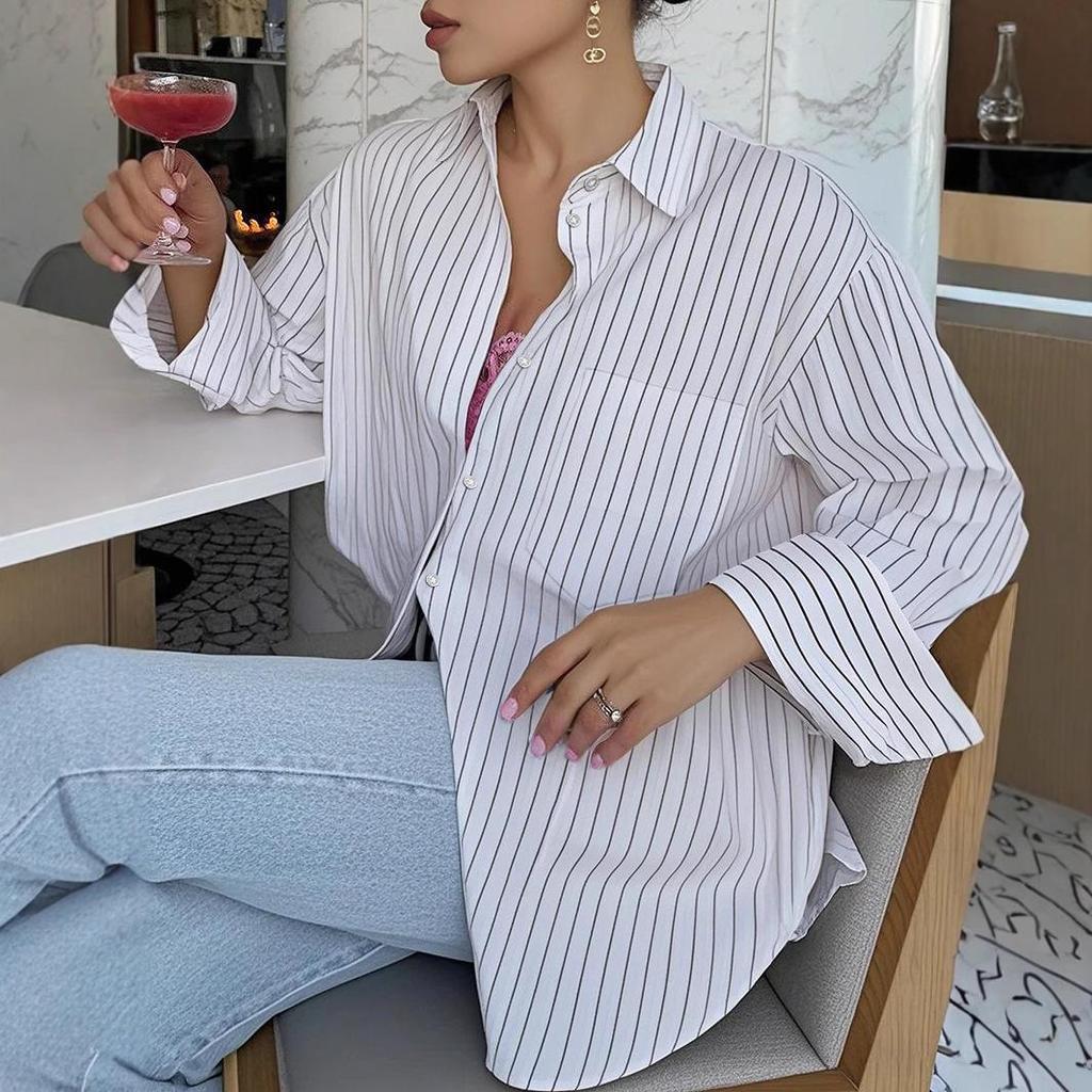 Summer 2025 Women's Casual Striped Long-Sleeve Shirt