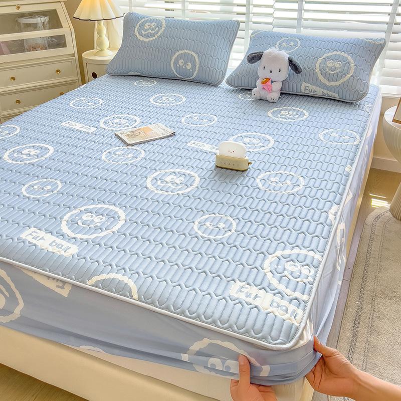 3Pcs Summer Natural Latex Cooling Mat Set Cartoon Printed Fitted Sheet with Pillowcase Soft Non-Slip Bedding with Elastic Band