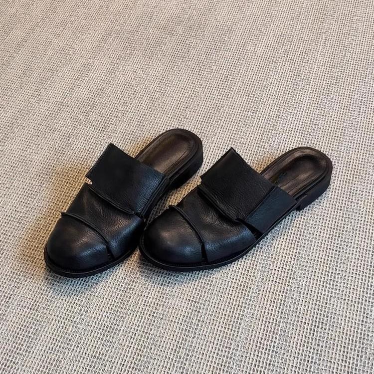 Soft Leather Version! Black Bag Head Half Slippers Women's Retro Soft Leather Lazy One-pedal Muller Shoes Low-heeled Roman Shoes