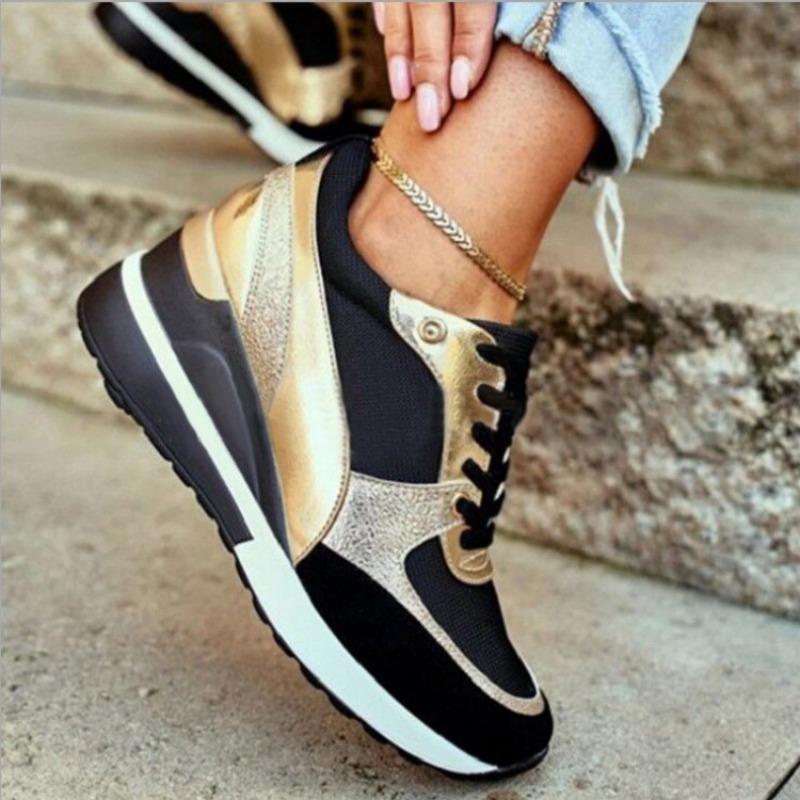 Large-sized Autumn New Thick-soled Women's Shoes with Color Matching, Comfortable and Casual Sequined Breathable Sneaker Shoes