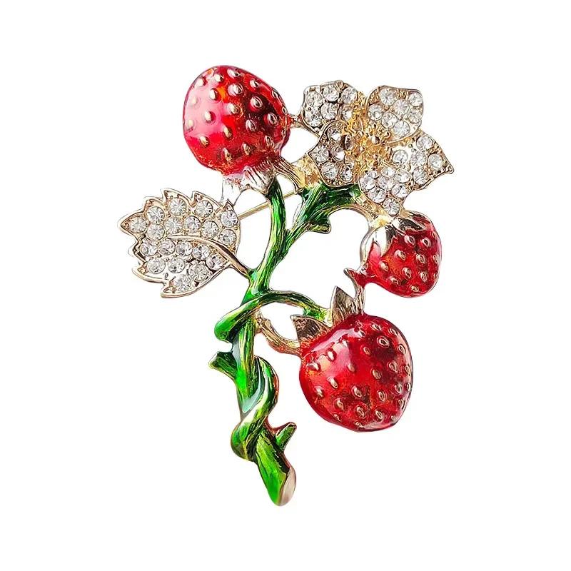 Enamel Strawberry Flower Brooch For Unisex Rhinestone Fruit Brooch Clothing Dress Office Suit Accessories