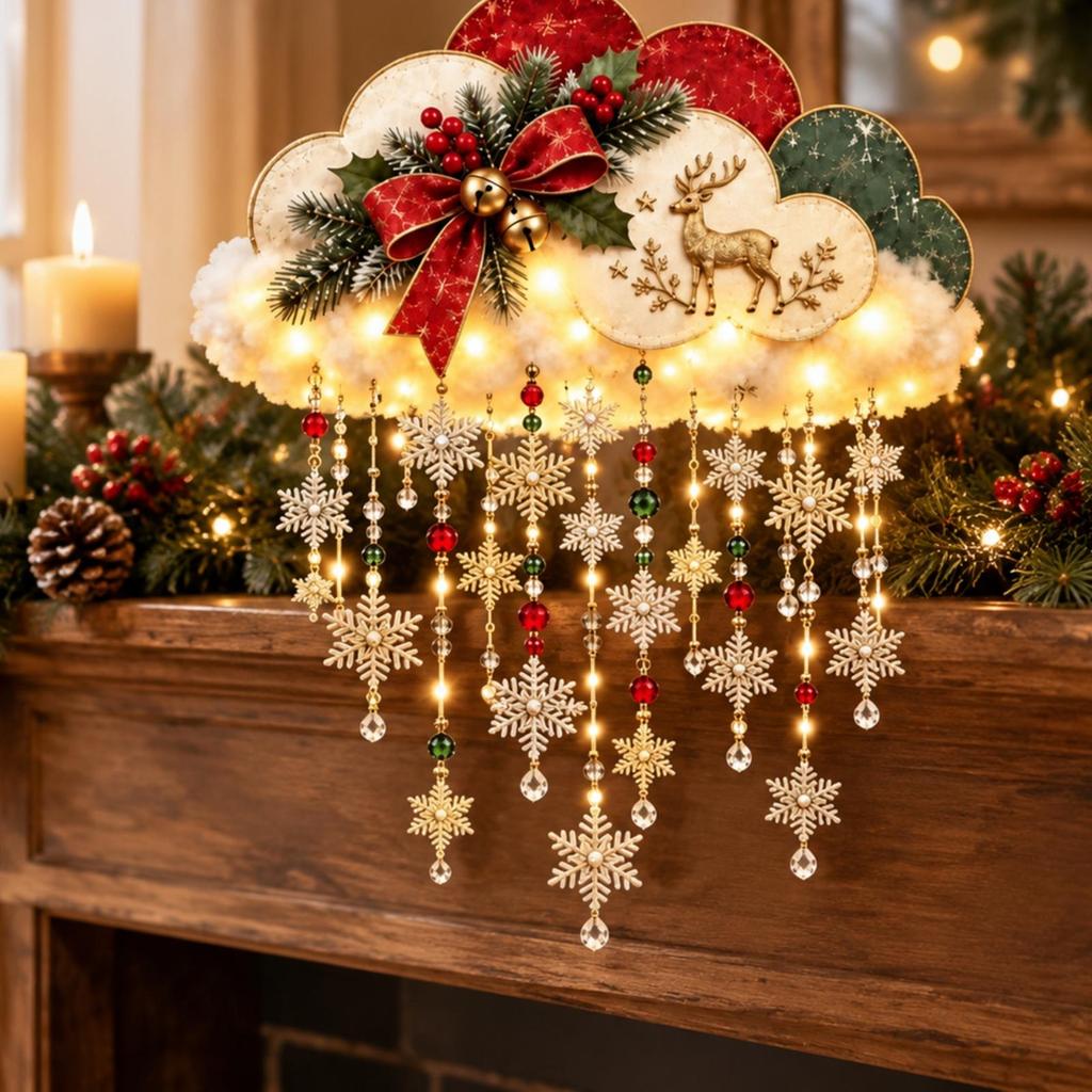 Snowflake Puff Hanging Decoration Lighted LED Felt Christmas Decor Ready to Hang