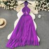 Sanya seaside vacation wear sexy backless scheming hollow neck dress women's pleated long pleated skirt
