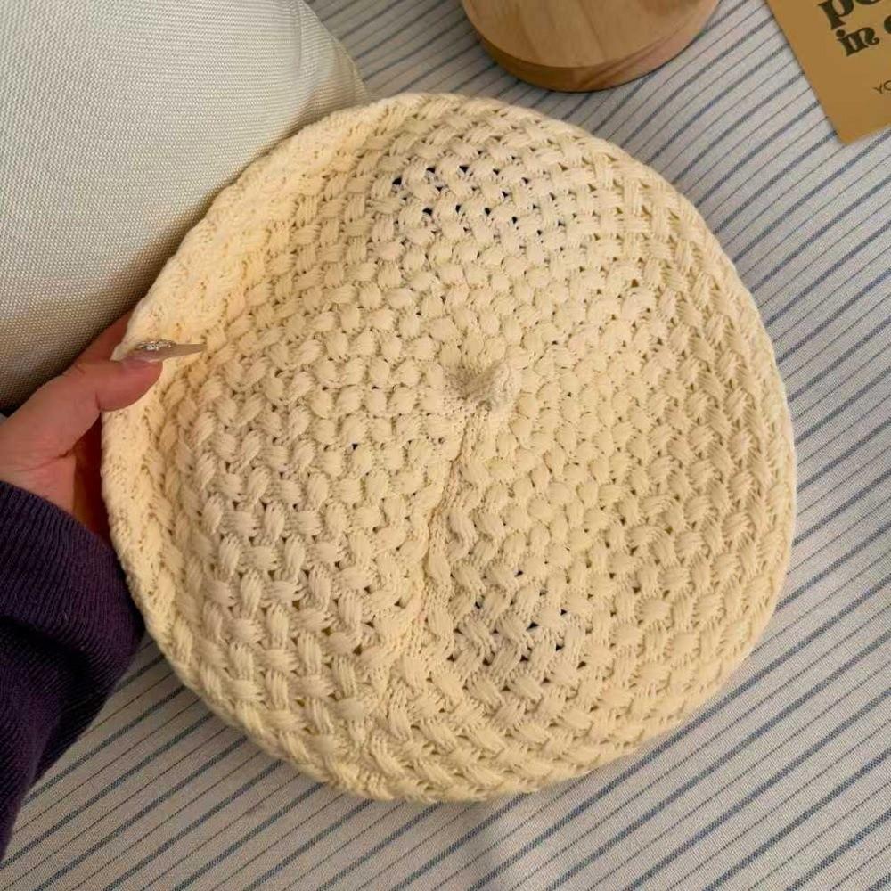 New Solid Color Knitted Beret Hat Stretch Breathable Crochet Painter Cap French Beanie Hat Women Fashion