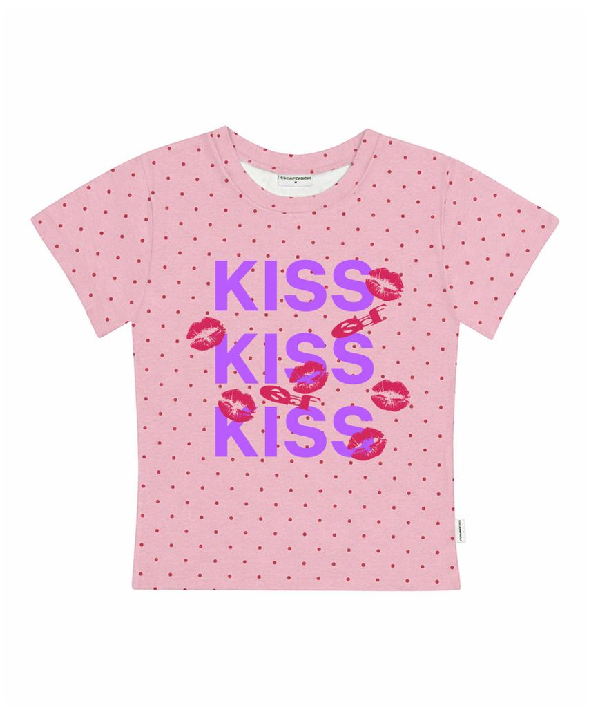 ESCAPEFROM Kiss Kiss Kiss Print Dot Slim Fit Short Sleeve T-Shirt Pink