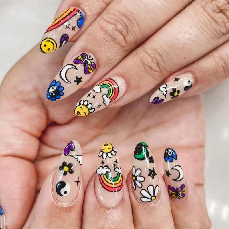 24Pcs Long Stiletto Press On Nails Cow Print And Black Snake French Tip Full Cover False Nails