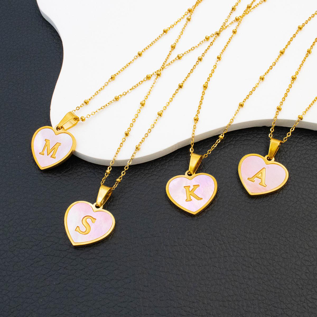 

New Round Stainless Steel Gold Plated Pink Shell 26 Letter Alphabet Pendant Link Chain Necklace Zircon for Women Party Gift A