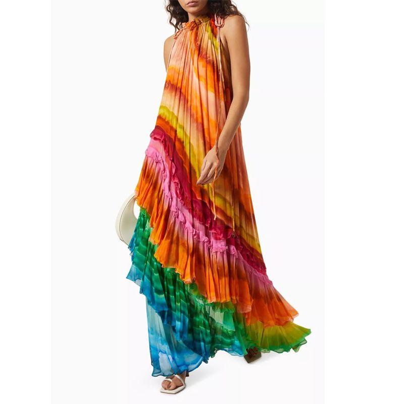 2025 Cross-Border Halterneck Fashion Printed Sexy off-the-Shoulder Puffy Cake Ruffles Large Swing Dress Female Dress