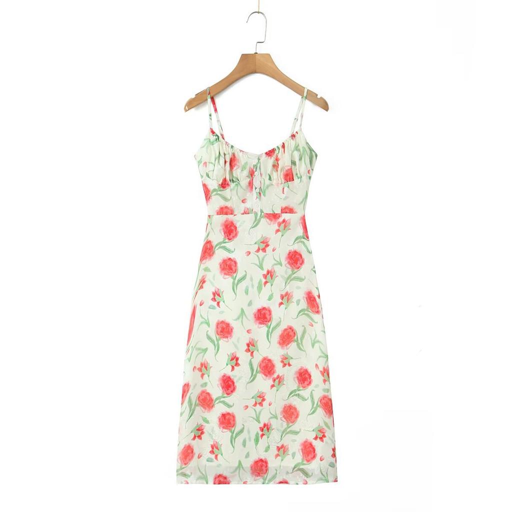 Spring and summer new French girl small fresh big flower print vacation casual elastic backless suspender dress
