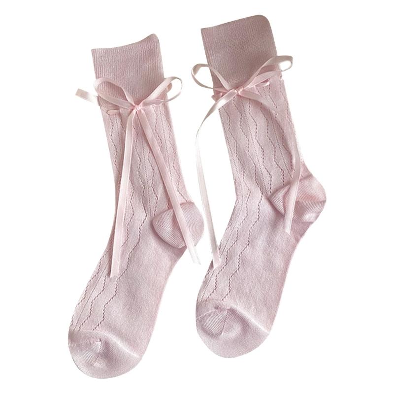 Summer Casual Ballet Style Sock Sweet Solid Color Bandage Cotton Bows Tie Hollows Stocking for Women Girl Summer