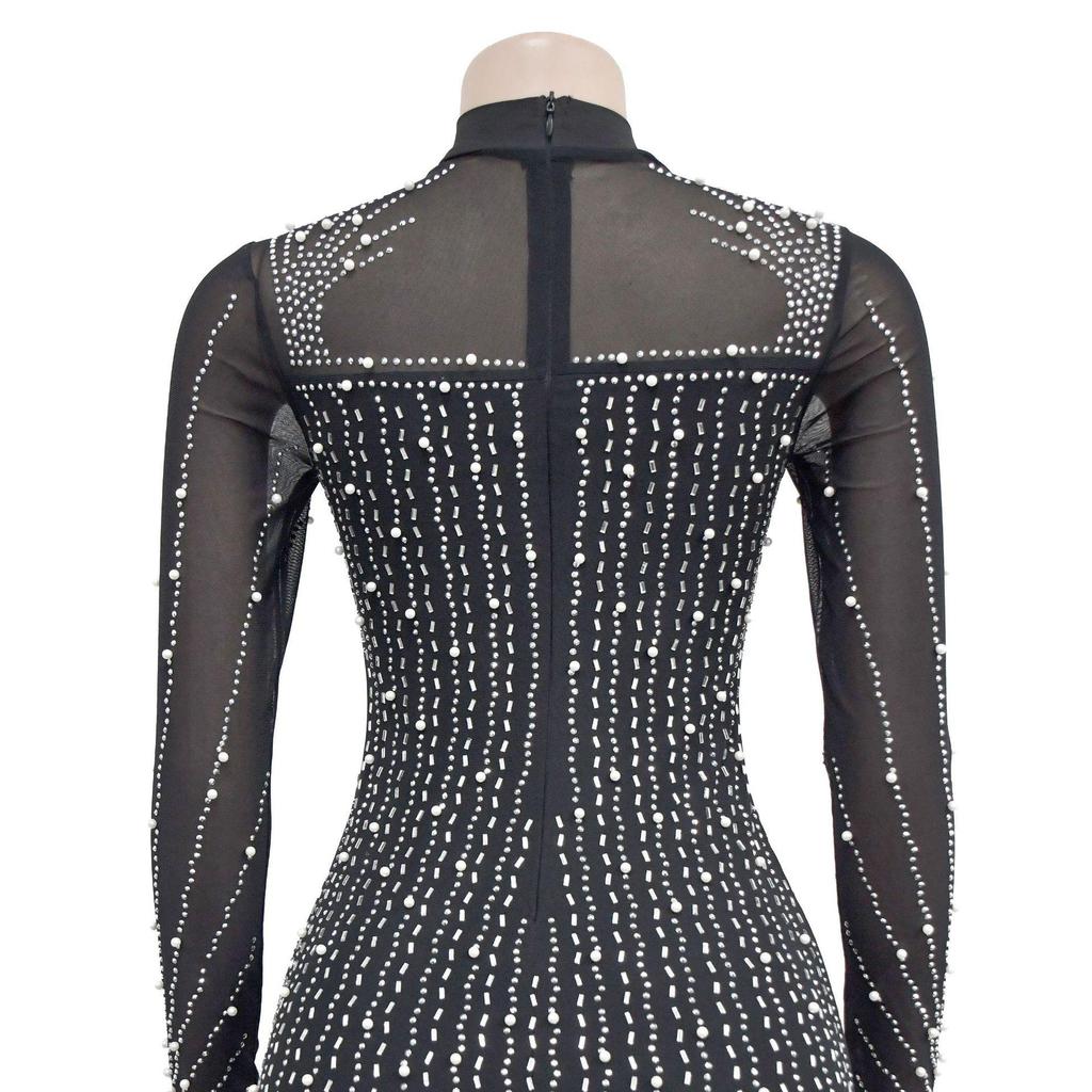 C6381 European & American Fashion Women's Long Sleeve Mesh Bubble Bead Short Dress