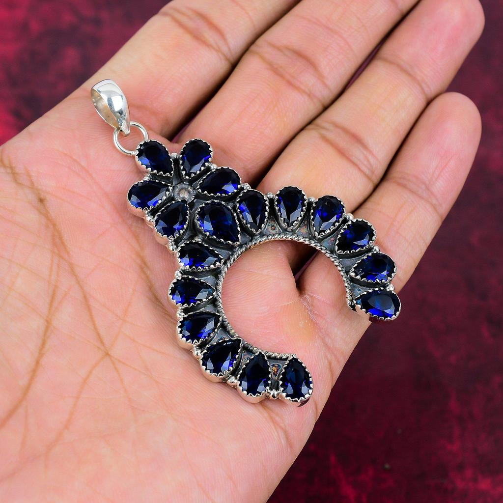 Zafiro Azul Creado en Laboratorio Joyería de Plata de Ley 925 Sólida, Joyería de Colgante Hermoso Hecho a Mano Para Mujeres