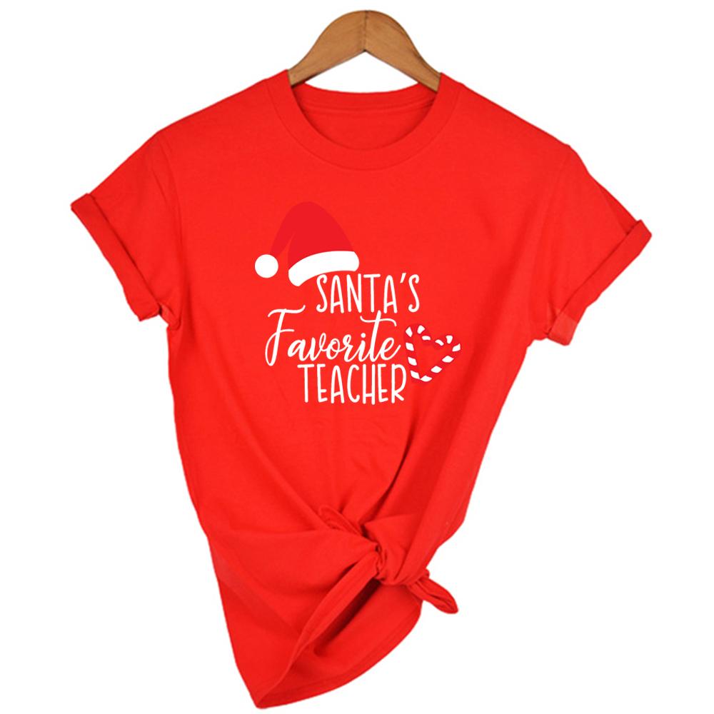 Santa S Favorite Teacher Print Women T Shirt Christmas Santa Hat Candy Cane Heart Print