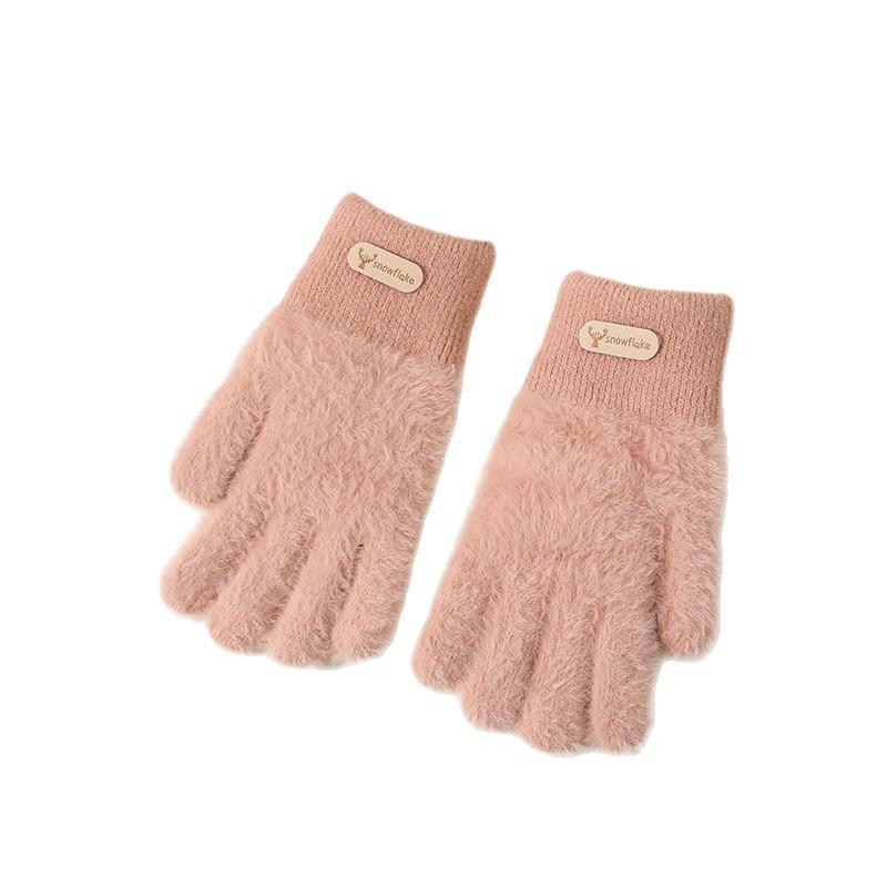 Hairy gloves female winter cute color matching plush knitted wool five fingers plush thickened cycling warm