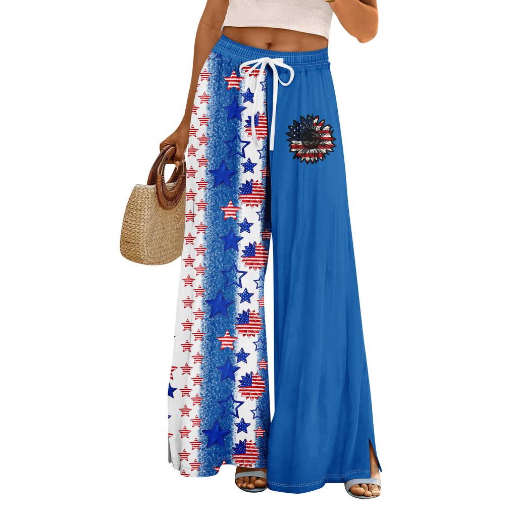 Women Summer Boho Palazzo Pants High Waist Wide Leg Independence Printing Casual Trousers With Pockets