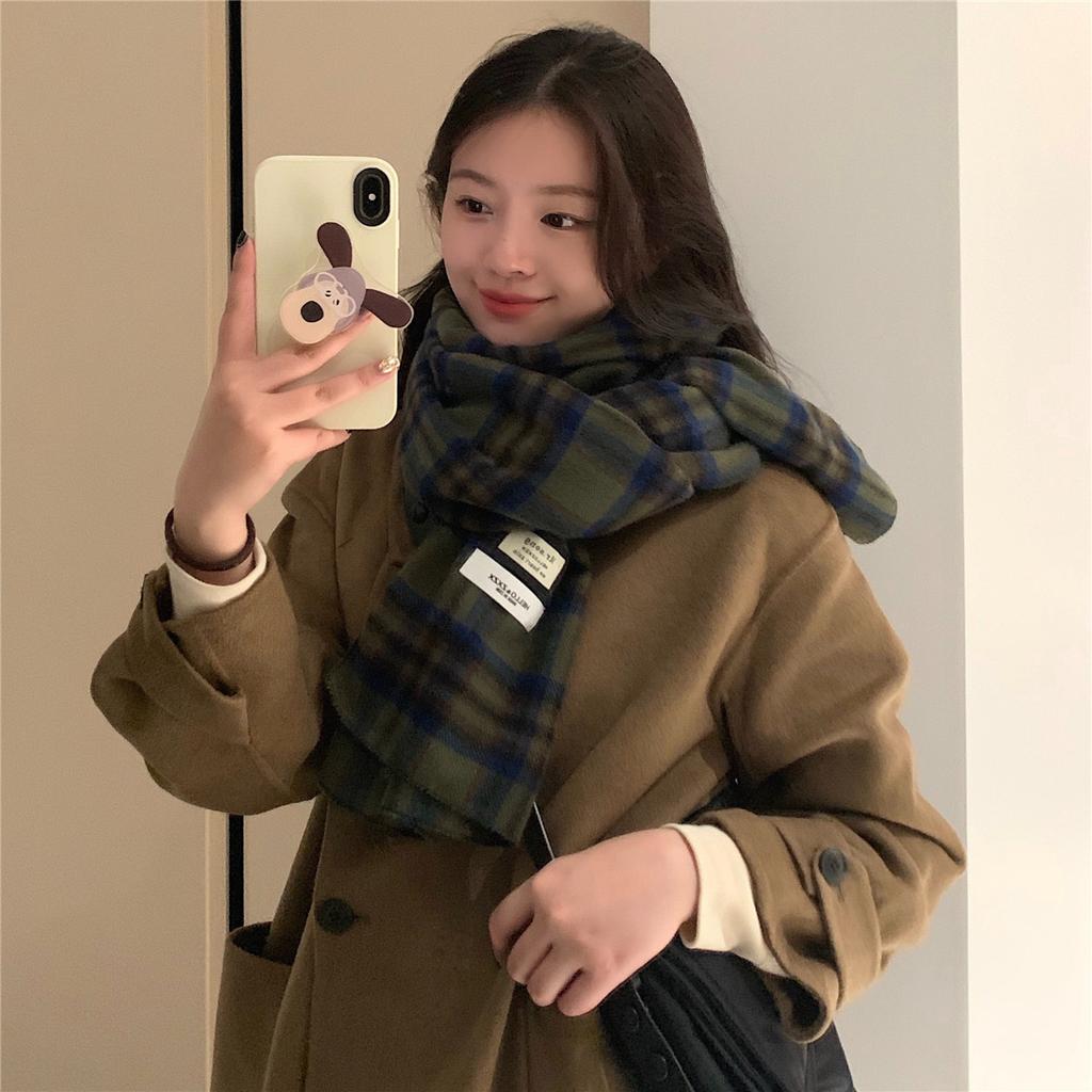 Retro Green Plaid Scarf for Women Winter Korean Version Versatile Thickened Student Shawl Dual Purpose Warm Knitted Scarf