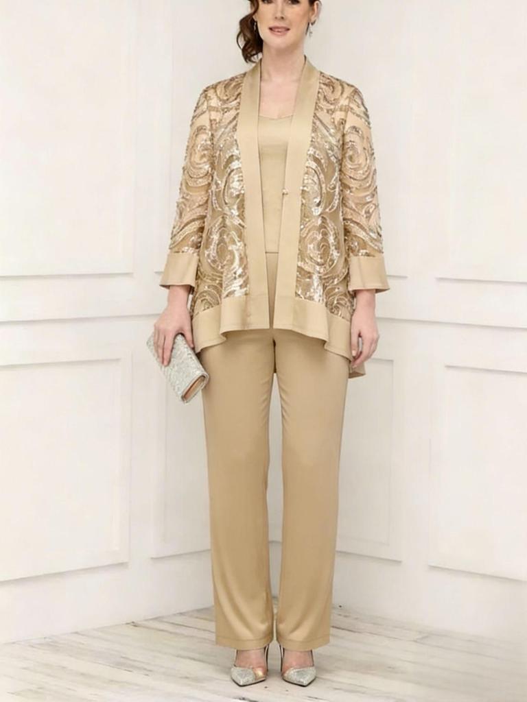 Abito da sera taglie forti da donna europeo e americano - Elegante completo pantalone con ricamo in pizzo pesante