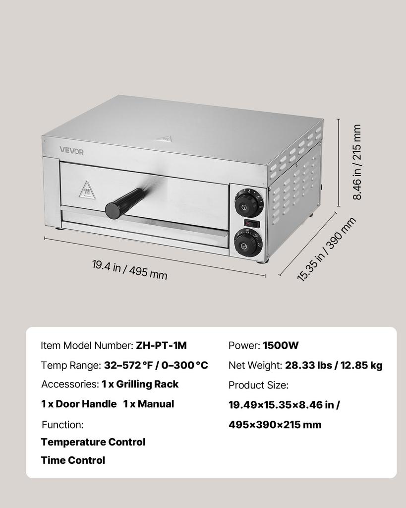 VEVOR Electric Pizza Oven for Countertops, 12-inch, 1500W, with Temp Control & 0-60 Min Timer, Even Baking Technology & Easy Clean Crumb Tray