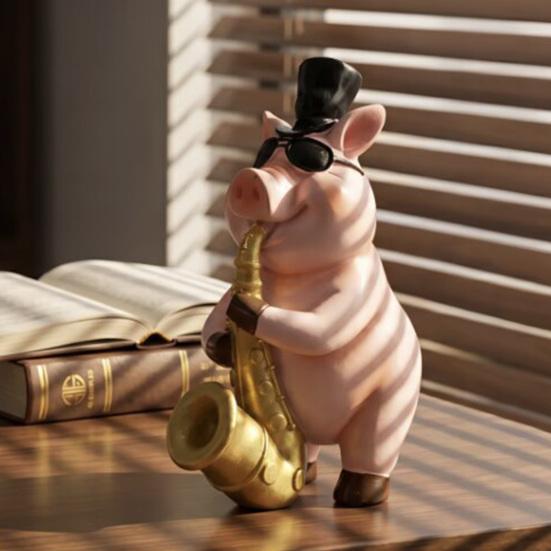 Cute Gentleman Pig Figurine Funny Resin Pig Playing Trumpet Sculpture for Living Room Bedroom Office Desk Home Decor