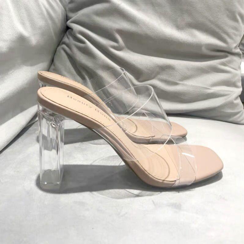 Sandals women 2025 new summer Internet celebrity word with thick heel slippers women wear crystal transparent high heels